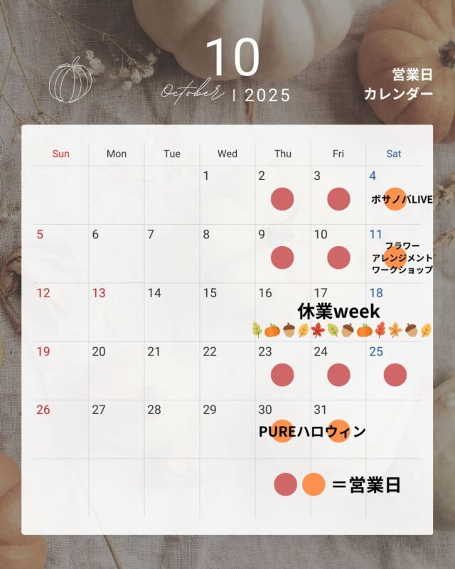 【 ꕥ10月のスケジュールとお知らせꕥ 】
　
こんにちは𓍯
橋本の小さなセラピーカフェ、PUREです𓃱𓈒𓏸
　
あっという間に9月に入りましたね！
まだまだ猛暑が続き、秋の訪れが感じにくい気候となっておりますが、皆様お元気でしょうか。
水分補給などをしっかりして、お身体を大切にしてくださいね。
　
　
さて、10月のスケジュールができましたので共有させていただきます。
10月は3週目が休業週となります。ご了承くださいませ。
（来週の休業週には、カレンダーつきのクーポンも店頭に置いておく予定です☺︎）
　
オレンジの丸はイベントのある営業日を示しており、
◦10月4日　ボサノバLIVEランチ→満員
◦10月11日　フラワーアレンジメントワークショップ→これから告知&募集開始
となっております。
　
フラワーアレンジメントワークショップで作ることのできるものの見本は店内にありますので、惹かれる方は是非スタッフまでお尋ねください。
とても素敵な作品となっております✴︎
　
　
また10月最終週はPUREハロウィンとして、スイーツセールやちょっとしたデコレーション、いつもと少し違うスイーツが登場するかもしれません。
是非Instagram等をチェックしてください☆
　
　
ちなみに今週のスイーツは、
◦濃厚バスクチーズケーキ
◦スパイス香る米粉のキャロットケーキ
◦生姜香る甘酒パンナコッタ
◦グルテンフリーの小松菜パウンドケーキ
の予定ですꕥ
　
小松菜パウンドケーキはよりおいしく味わっていただくため、温めてからご提供をさせていただいております。
　
ハーフサイズのスイーツ2つを組み合わせた
「ハーフスイーツセット500円（税込）」
も大人気です！
気になるスイーツを是非、少しずつお試しくださいね♫
　
　
それでは明日からまた3日間、元気に営業させていただきます！
　
今後ともセラピーカフェ、PUREをどうぞよろしくお願い致します𓎤𓅮 ⸒⸒
　
いつもありがとうございます。
　
　
　
total therapy herb cafe PURE 𖤣𖥧𖥣𖡡𖥧𖤣
　
　
　
#橋本
#カフェ
#ハーブティー
#こだわり食材
#こだわり調味料
#国産食材
#手作り料理
#発酵食品
#オーガニックハーブ
#セラピーカフェ
